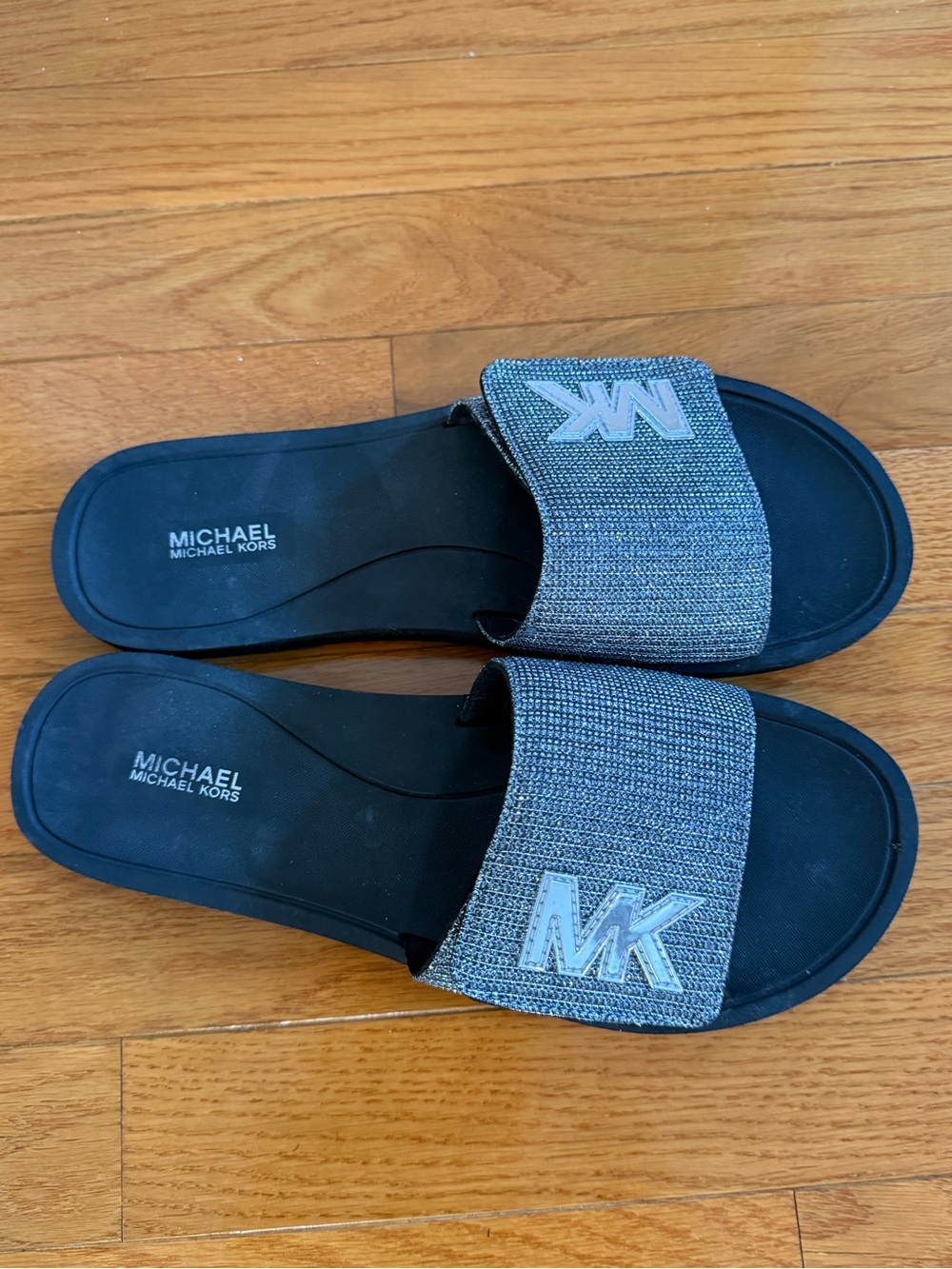 Michael Kors MK Metallic Rhinestone Slide Sandals Black Silver Size 10